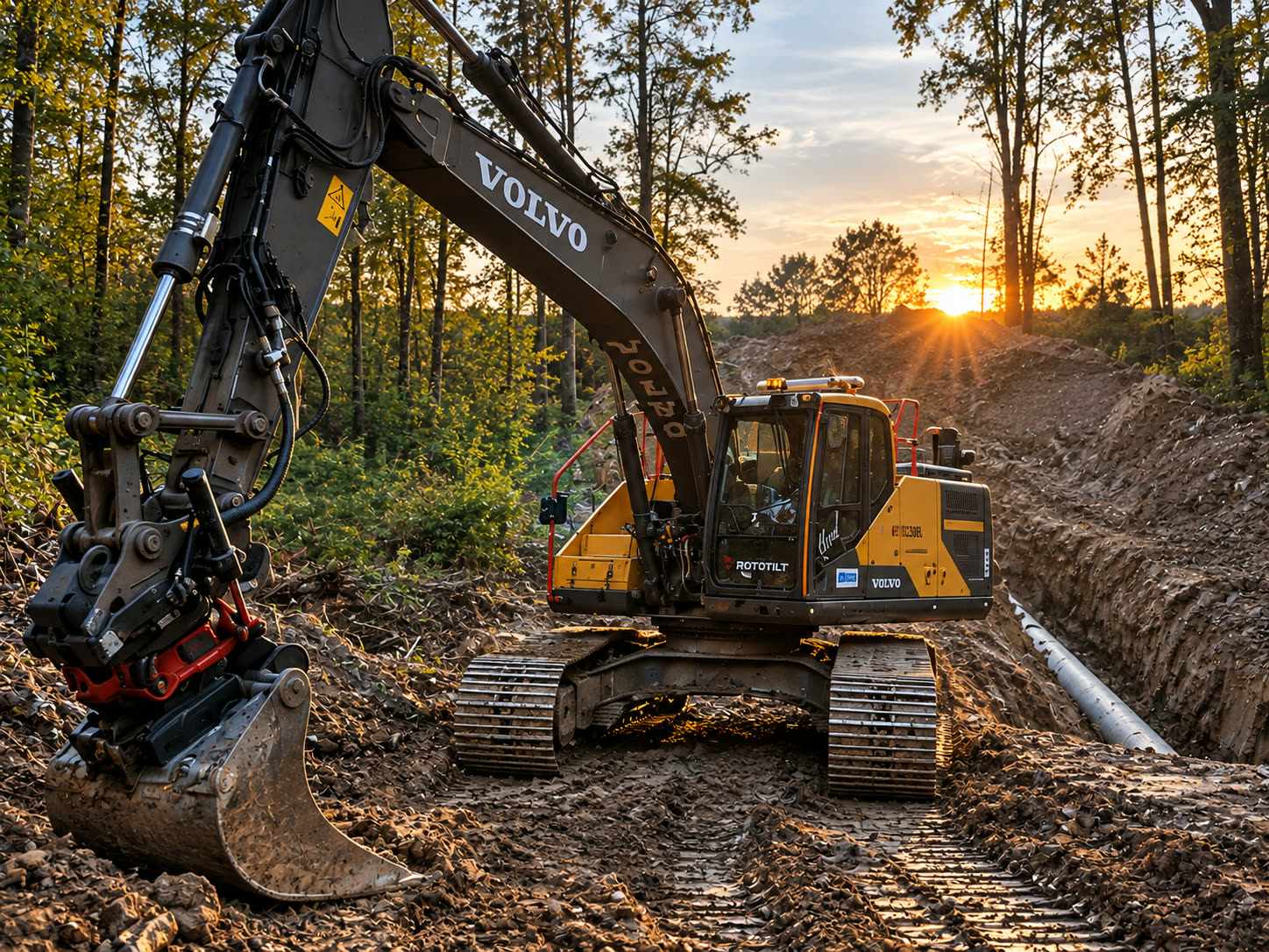 Pásové rýpadlo Volvo EC250EL s rototiltem při práci v terénu
